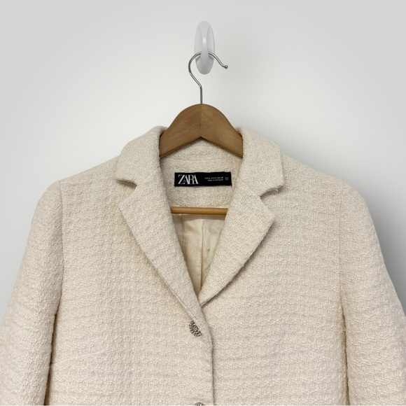ZARA Cream / white blazer jacket Rhinestones Classy Simple Tweed Sz M - Picture 8 of 16